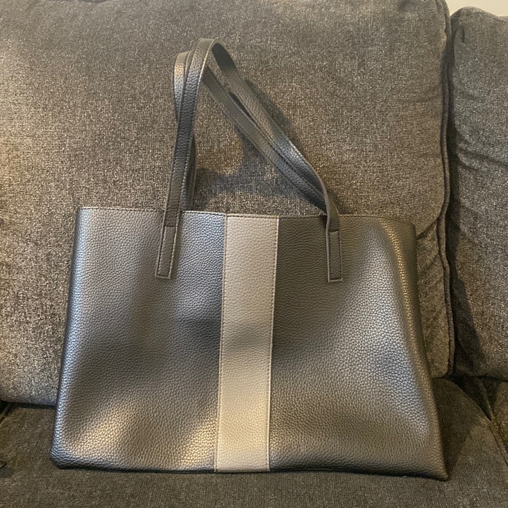 Black leather tote with gray strip on one side
